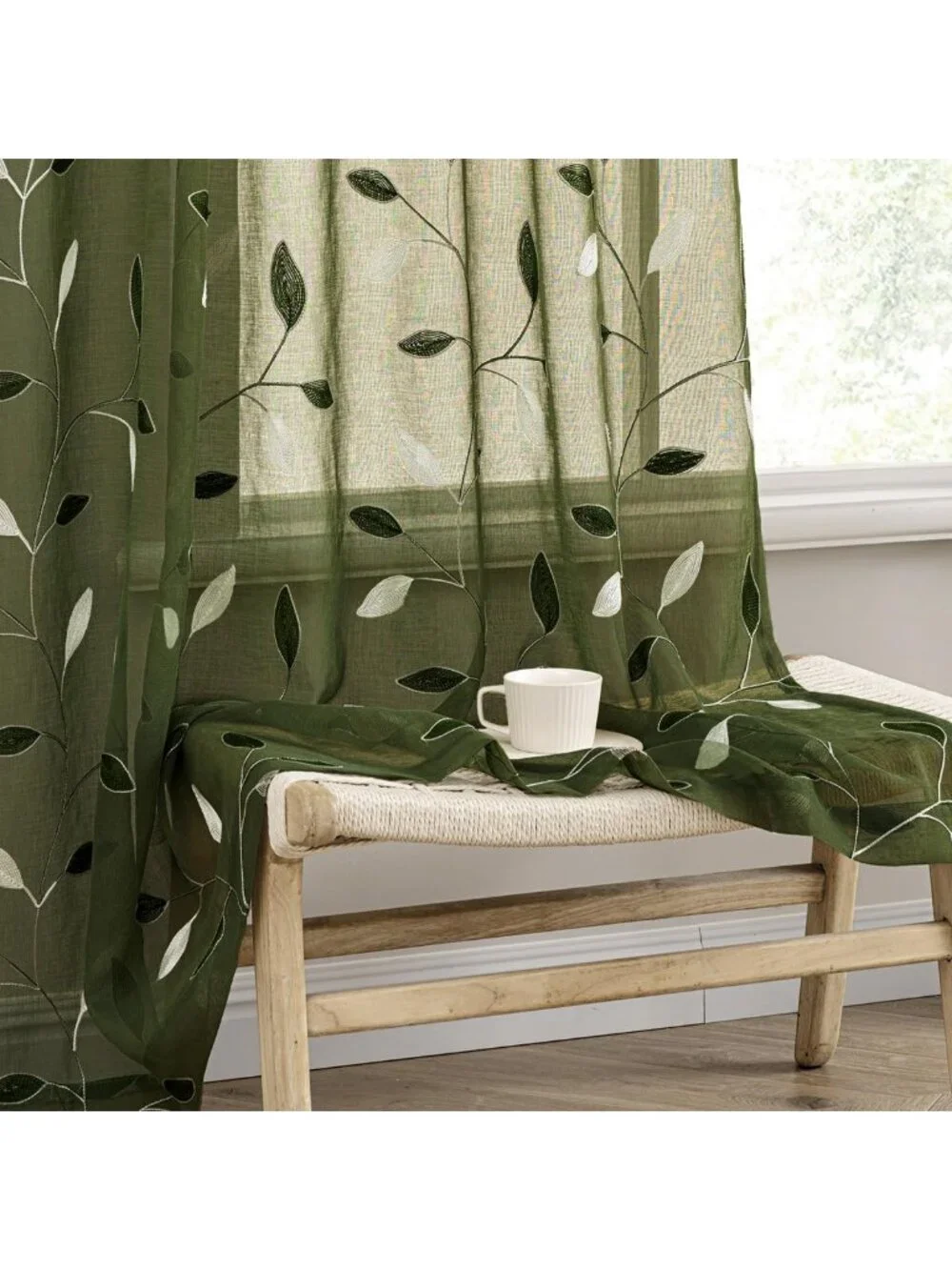 Olive Green Sheer Curtains Set, Leaf Pattern, Embroidered Floral, Rod Pocket, 2